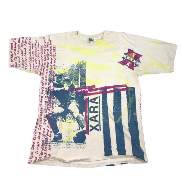 Vintage 90s Xara Soccer T-Shirt Mens Size XL AOP Premier League Made in USA - Picture 1 of 8